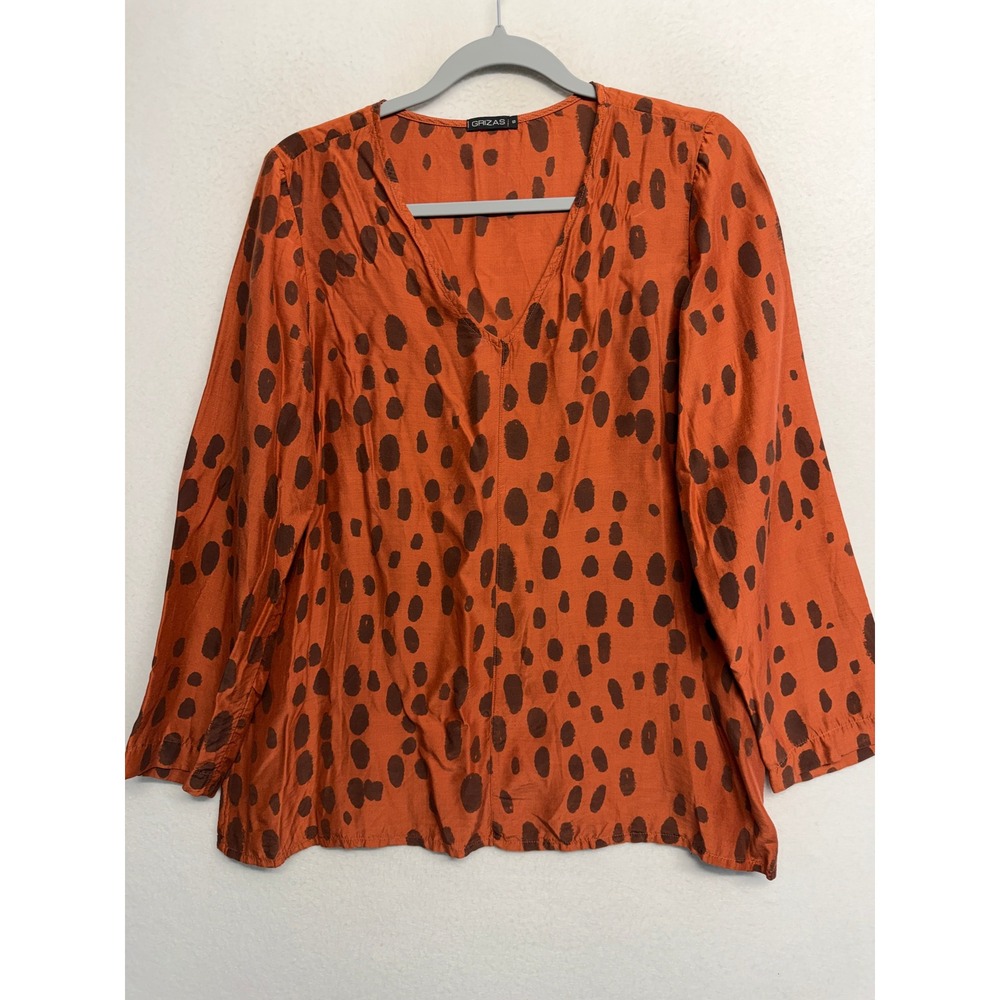 Grizas Silk Bambooā V-Neck Blouse Orange Brown Polka Dot Print Top Small